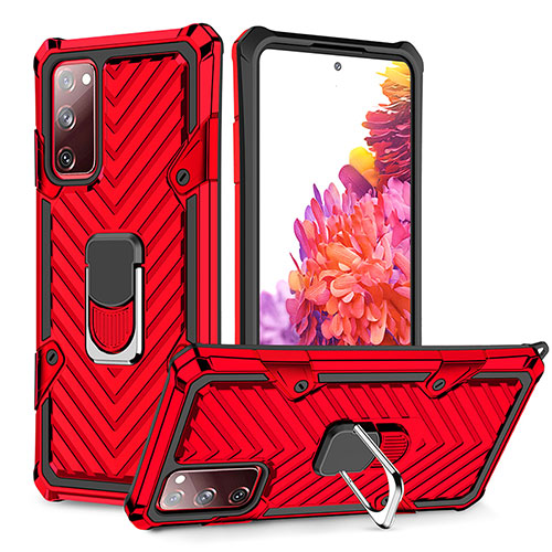 Silicone Matte Finish and Plastic Back Cover Case with Magnetic Finger Ring Stand YF1 for Samsung Galaxy S20 FE 5G Red