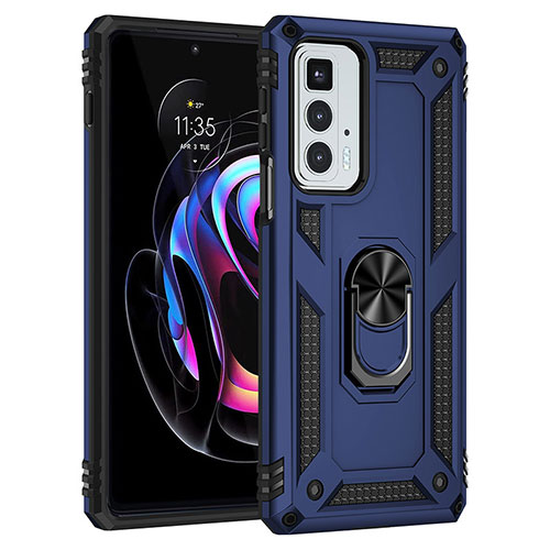 Silicone Matte Finish and Plastic Back Cover Case with Magnetic Finger Ring Stand Z01 for Motorola Moto Edge 20 Pro 5G Blue