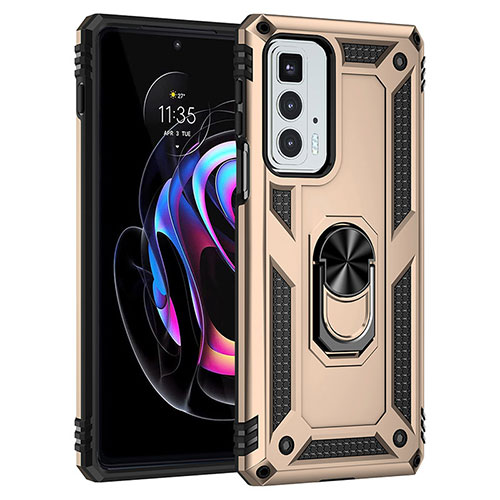 Silicone Matte Finish and Plastic Back Cover Case with Magnetic Finger Ring Stand Z01 for Motorola Moto Edge 20 Pro 5G Gold