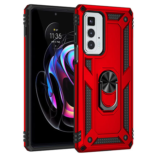 Silicone Matte Finish and Plastic Back Cover Case with Magnetic Finger Ring Stand Z01 for Motorola Moto Edge 20 Pro 5G Red