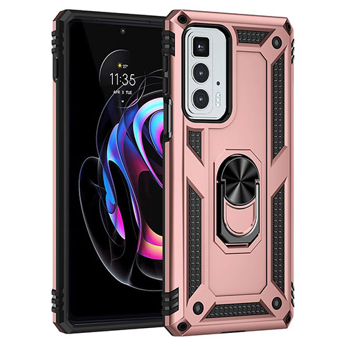 Silicone Matte Finish and Plastic Back Cover Case with Magnetic Finger Ring Stand Z01 for Motorola Moto Edge 20 Pro 5G Rose Gold
