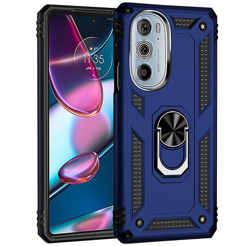 Silicone Matte Finish and Plastic Back Cover Case with Magnetic Finger Ring Stand Z01 for Motorola Moto Edge 30 Pro 5G Blue