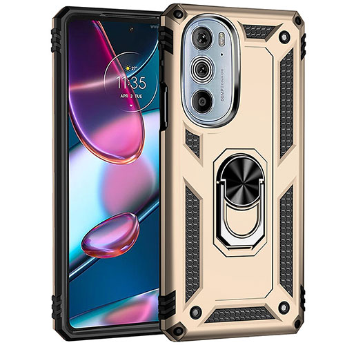 Silicone Matte Finish and Plastic Back Cover Case with Magnetic Finger Ring Stand Z01 for Motorola Moto Edge 30 Pro 5G Gold