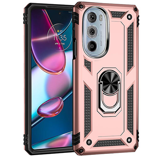 Silicone Matte Finish and Plastic Back Cover Case with Magnetic Finger Ring Stand Z01 for Motorola Moto Edge 30 Pro 5G Rose Gold