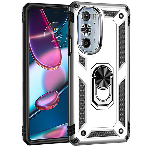 Silicone Matte Finish and Plastic Back Cover Case with Magnetic Finger Ring Stand Z01 for Motorola Moto Edge 30 Pro 5G Silver