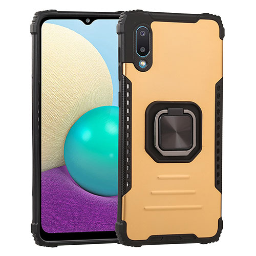 Silicone Matte Finish and Plastic Back Cover Case with Magnetic Finger Ring Stand ZJ1 for Samsung Galaxy M02 Gold
