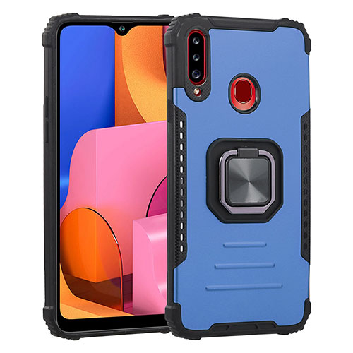 Silicone Matte Finish and Plastic Back Cover Case with Magnetic Finger Ring Stand ZJ2 for Samsung Galaxy A20s Blue