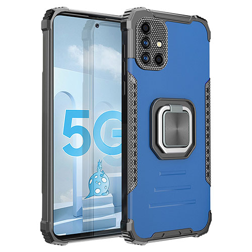 Silicone Matte Finish and Plastic Back Cover Case with Magnetic Finger Ring Stand ZJ2 for Samsung Galaxy A51 4G Blue