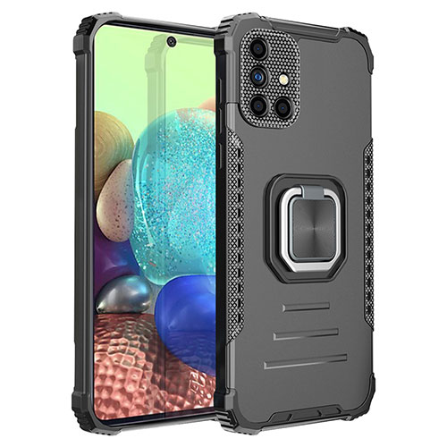 Silicone Matte Finish and Plastic Back Cover Case with Magnetic Finger Ring Stand ZJ2 for Samsung Galaxy A71 4G A715 Black