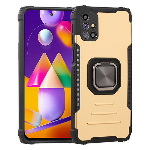 Silicone Matte Finish and Plastic Back Cover Case with Magnetic Finger Ring Stand ZJ2 for Samsung Galaxy M51 Gold