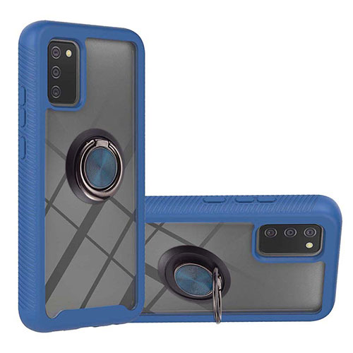 Silicone Matte Finish and Plastic Back Cover Case with Magnetic Finger Ring Stand ZJ5 for Samsung Galaxy A02s Blue