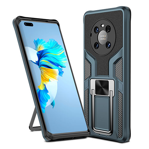 Silicone Matte Finish and Plastic Back Cover Case with Magnetic Finger Ring Stand ZL1 for Huawei Mate 40 Pro Cyan