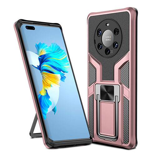 Silicone Matte Finish and Plastic Back Cover Case with Magnetic Finger Ring Stand ZL1 for Huawei Mate 40 Pro+ Plus Rose Gold