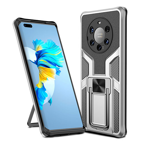 Silicone Matte Finish and Plastic Back Cover Case with Magnetic Finger Ring Stand ZL1 for Huawei Mate 40 Pro+ Plus Silver