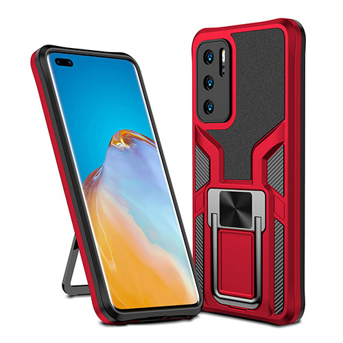 Silicone Matte Finish and Plastic Back Cover Case with Magnetic Finger Ring Stand ZL1 for Huawei P40 Red