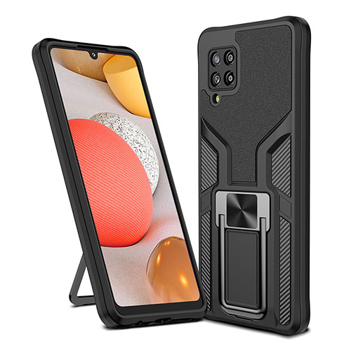Silicone Matte Finish and Plastic Back Cover Case with Magnetic Finger Ring Stand ZL1 for Samsung Galaxy A42 5G Black