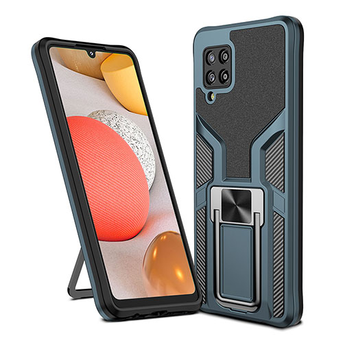 Silicone Matte Finish and Plastic Back Cover Case with Magnetic Finger Ring Stand ZL1 for Samsung Galaxy A42 5G Cyan