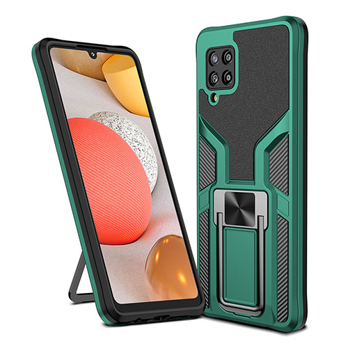 Silicone Matte Finish and Plastic Back Cover Case with Magnetic Finger Ring Stand ZL1 for Samsung Galaxy A42 5G Green