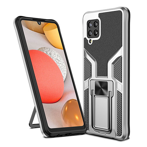 Silicone Matte Finish and Plastic Back Cover Case with Magnetic Finger Ring Stand ZL1 for Samsung Galaxy A42 5G Silver