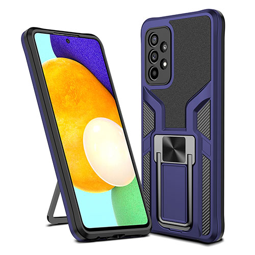 Silicone Matte Finish and Plastic Back Cover Case with Magnetic Finger Ring Stand ZL1 for Samsung Galaxy A52 5G Blue