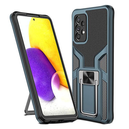 Silicone Matte Finish and Plastic Back Cover Case with Magnetic Finger Ring Stand ZL1 for Samsung Galaxy A72 5G Cyan