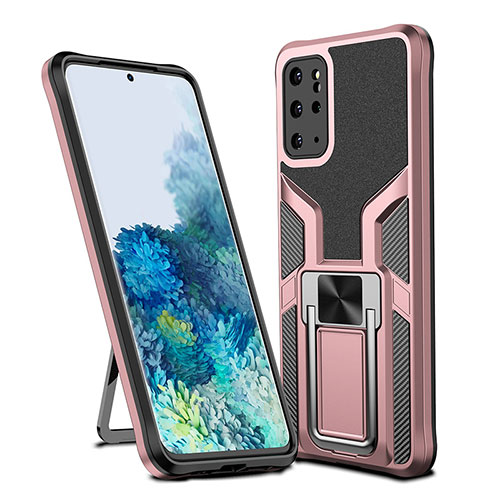 Silicone Matte Finish and Plastic Back Cover Case with Magnetic Finger Ring Stand ZL1 for Samsung Galaxy S20 Plus 5G Rose Gold