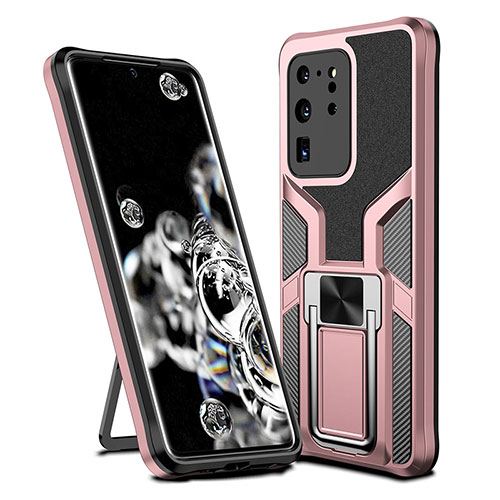 Silicone Matte Finish and Plastic Back Cover Case with Magnetic Finger Ring Stand ZL1 for Samsung Galaxy S20 Ultra 5G Rose Gold