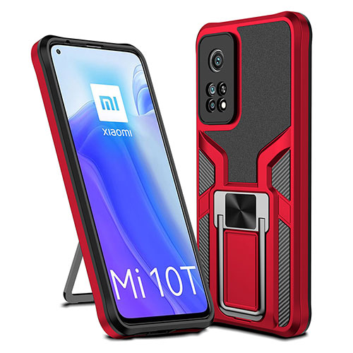 Silicone Matte Finish and Plastic Back Cover Case with Magnetic Finger Ring Stand ZL1 for Xiaomi Mi 10T 5G Red