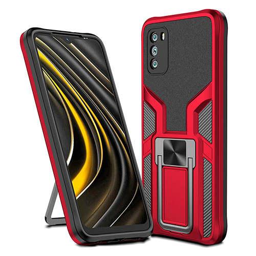 Silicone Matte Finish and Plastic Back Cover Case with Magnetic Finger Ring Stand ZL1 for Xiaomi Poco M3 Red