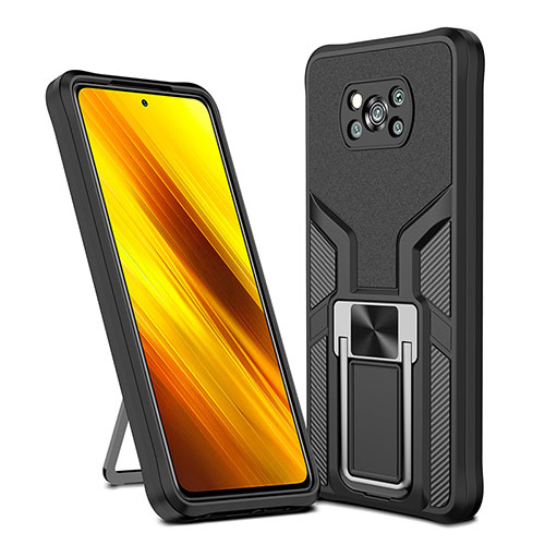 Silicone Matte Finish and Plastic Back Cover Case with Magnetic Finger Ring Stand ZL1 for Xiaomi Poco X3 Black