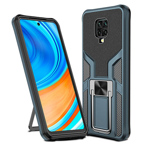 Silicone Matte Finish and Plastic Back Cover Case with Magnetic Finger Ring Stand ZL1 for Xiaomi Redmi Note 9 Pro Max Cyan