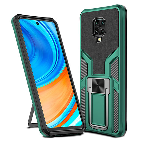 Silicone Matte Finish and Plastic Back Cover Case with Magnetic Finger Ring Stand ZL1 for Xiaomi Redmi Note 9 Pro Max Green