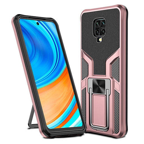 Silicone Matte Finish and Plastic Back Cover Case with Magnetic Finger Ring Stand ZL1 for Xiaomi Redmi Note 9 Pro Max Rose Gold