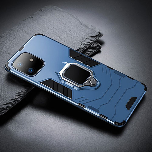 Silicone Matte Finish and Plastic Back Cover Case with Magnetic Stand A01 for Apple iPhone 11 Blue