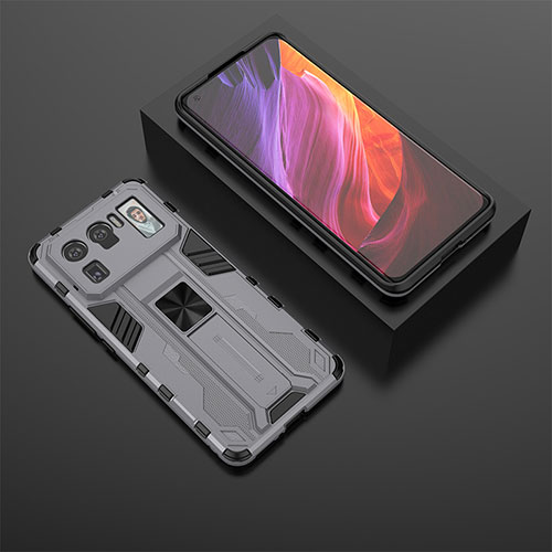Silicone Matte Finish and Plastic Back Cover Case with Magnetic Stand A02 for Xiaomi Mi 11 Ultra 5G Gray