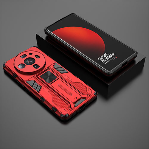 Silicone Matte Finish and Plastic Back Cover Case with Magnetic Stand A02 for Xiaomi Mi 12 Ultra 5G Red