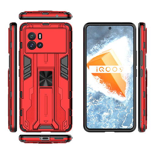 Silicone Matte Finish and Plastic Back Cover Case with Magnetic Stand A03 for Vivo iQOO 9 5G Red
