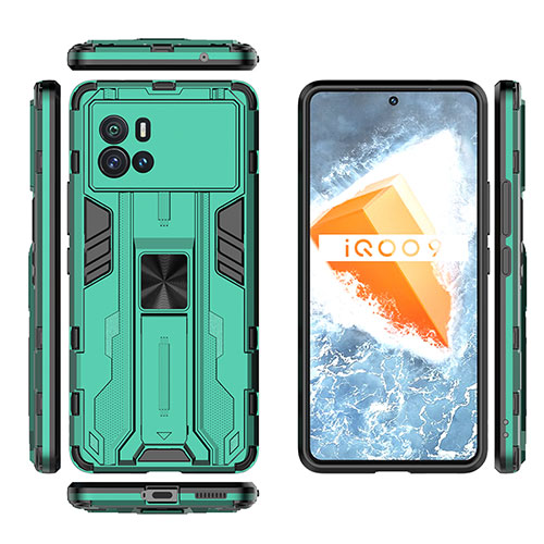 Silicone Matte Finish and Plastic Back Cover Case with Magnetic Stand A03 for Vivo iQOO 9 Pro 5G Green