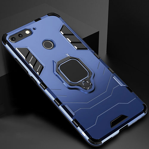 Silicone Matte Finish and Plastic Back Cover Case with Magnetic Stand for Huawei Enjoy 8e Blue