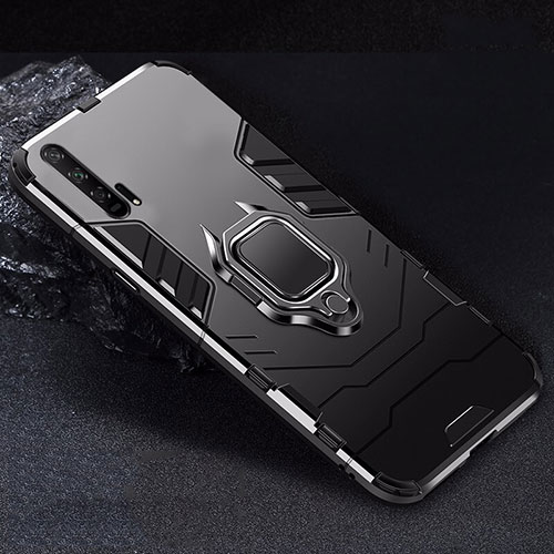 Silicone Matte Finish and Plastic Back Cover Case with Magnetic Stand for Huawei Honor 20 Pro Black