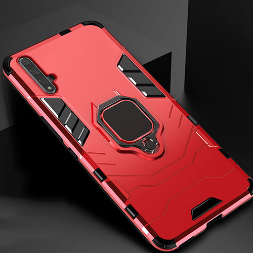 Silicone Matte Finish and Plastic Back Cover Case with Magnetic Stand for Huawei Honor 20 Red