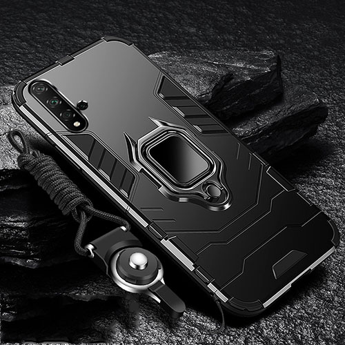 Silicone Matte Finish and Plastic Back Cover Case with Magnetic Stand for Huawei Nova 5 Black