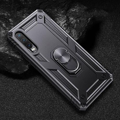 Silicone Matte Finish and Plastic Back Cover Case with Magnetic Stand for Huawei P30 Black