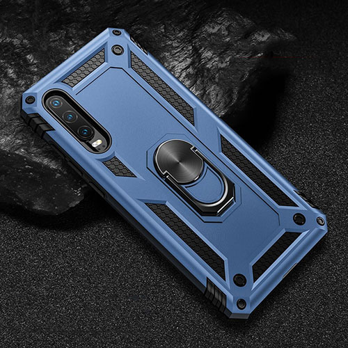 Silicone Matte Finish and Plastic Back Cover Case with Magnetic Stand for Huawei P30 Blue