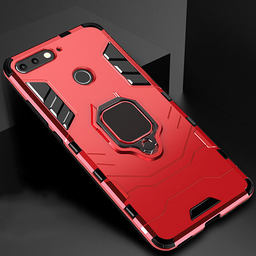 Silicone Matte Finish and Plastic Back Cover Case with Magnetic Stand for Huawei Y6 (2018) Red