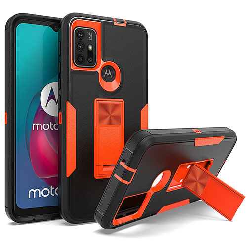 Silicone Matte Finish and Plastic Back Cover Case with Magnetic Stand for Motorola Moto G10 Power Orange