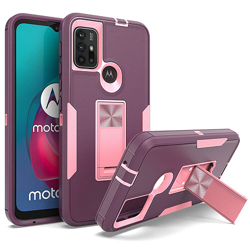 Silicone Matte Finish and Plastic Back Cover Case with Magnetic Stand for Motorola Moto G30 Purple