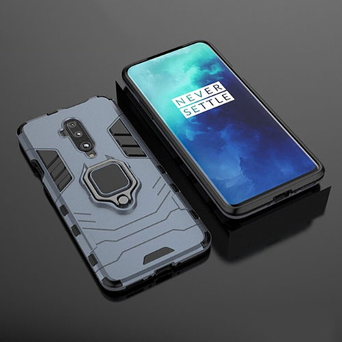 Silicone Matte Finish and Plastic Back Cover Case with Magnetic Stand for OnePlus 7T Pro 5G Blue