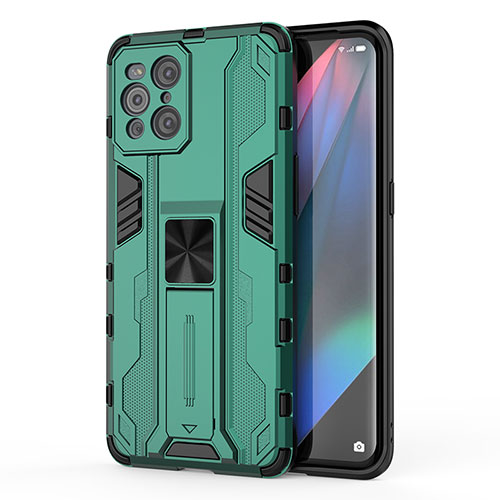 Silicone Matte Finish and Plastic Back Cover Case with Magnetic Stand for Oppo Find X3 Pro 5G Green