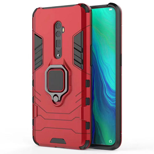 Silicone Matte Finish and Plastic Back Cover Case with Magnetic Stand for Oppo Reno 10X Zoom Red